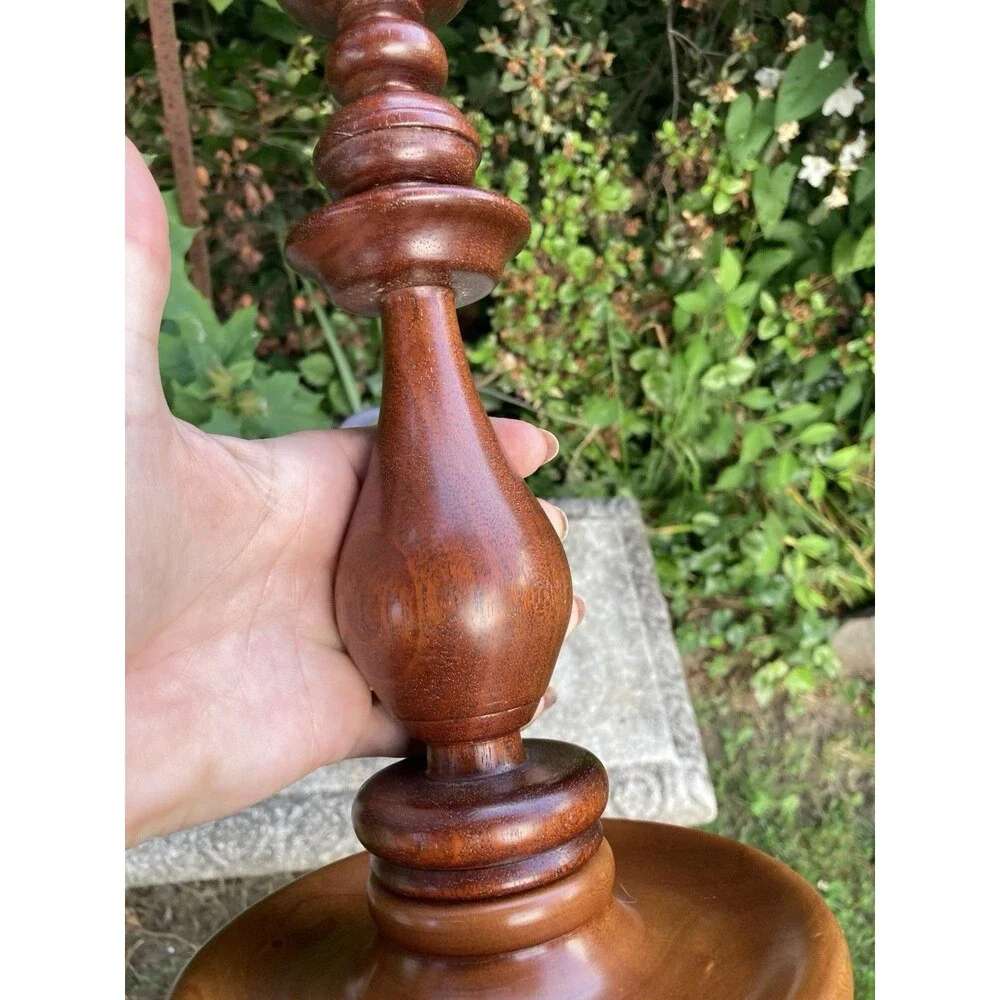 Vintage Hand Turned Wood Candlestick Taper Holders Brass Insert Fruitwood